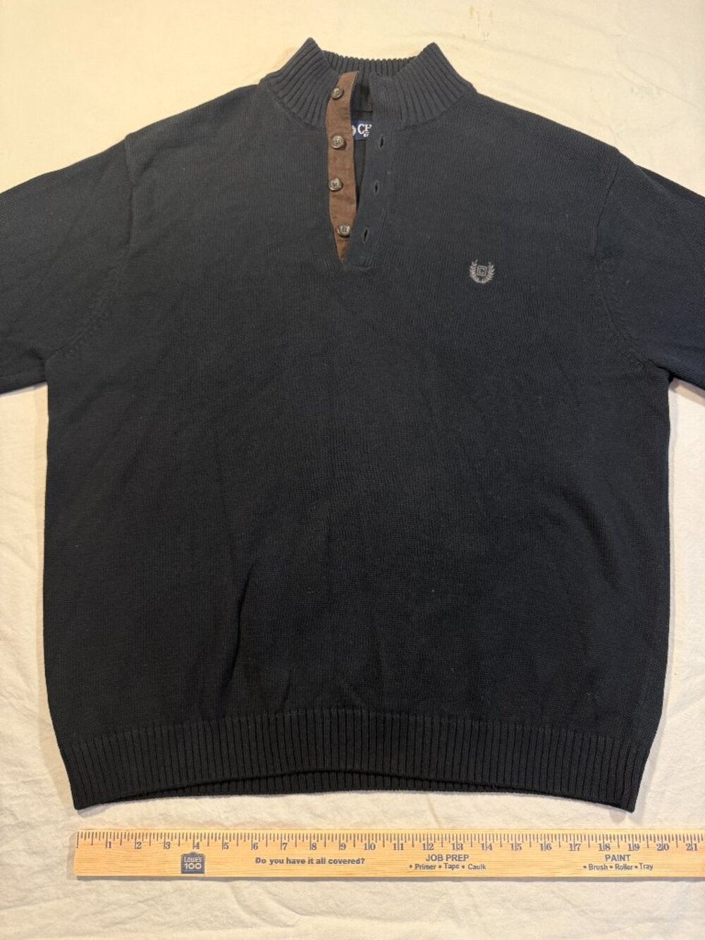 CHAPS Mens XL Black Cotton Mock Neck 3 Button Sweater Elbow Patches Holiday Gift